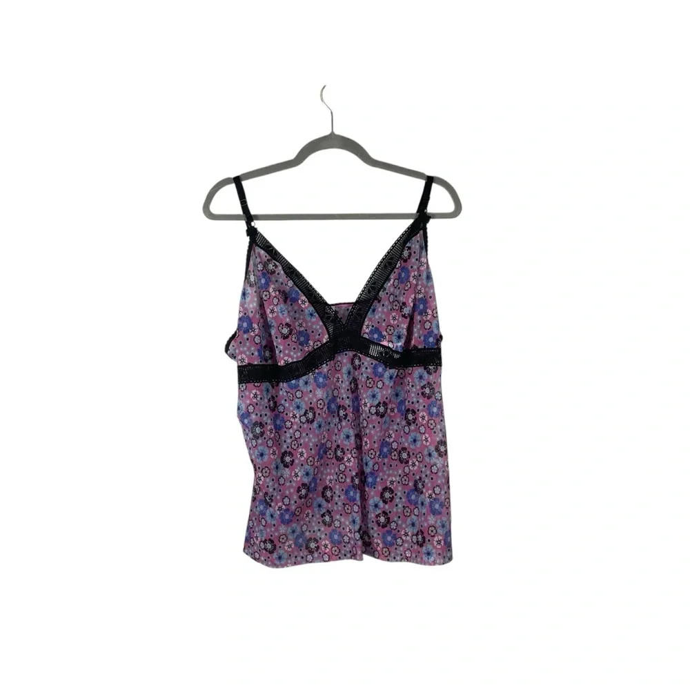 Cacique Floral Mesh Babydoll Cami with Black Lace Trim Pink Purple 26/28